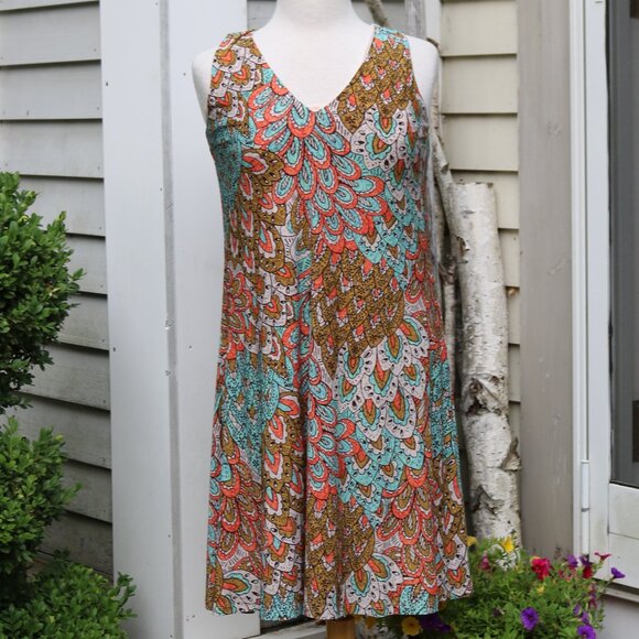 Anne Klein Aqua Peacock Feather Print Sleeveless Poly Knit V-Neck A-Line Dress 2 - Picture 1 of 6